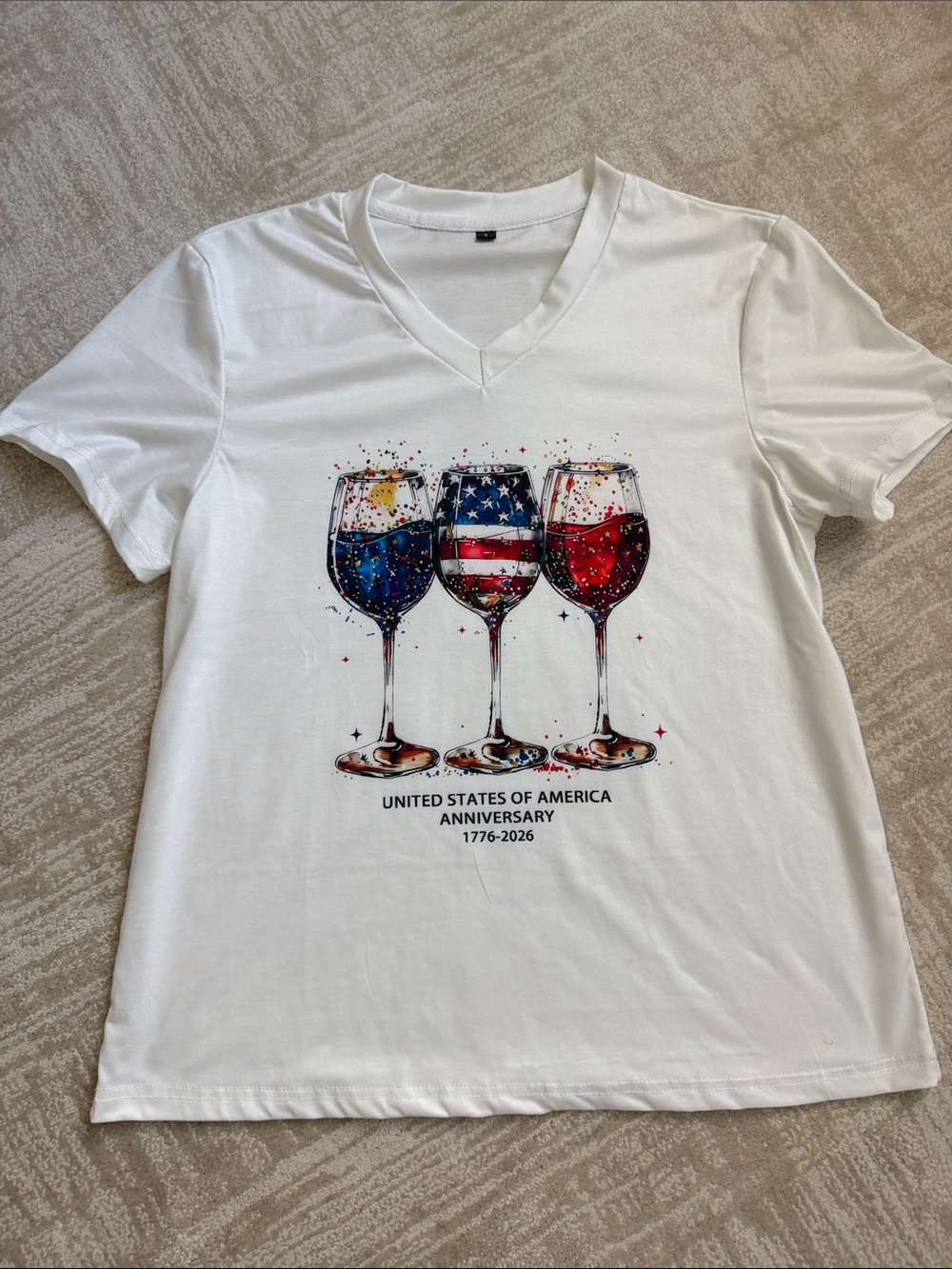 Patriotic Wine Glass Graphic V-Neck Tee - Size S